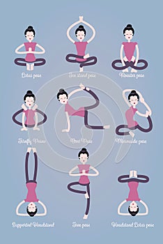 Cartoon girl in Yoga poses with titles for beginners isolated on light grey background. Asanas Infographic Elements and