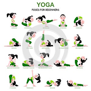 Cartoon girl in Yoga poses with titles for beginners isolated on photo