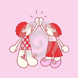 Cartoon girls give high five vector illustration. Red and pink