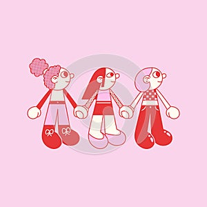 Cartoon girls holding hands vector illustration. Red and pink