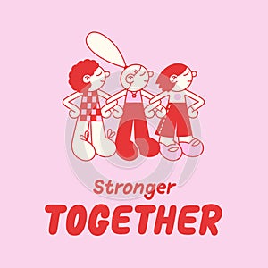 Cartoon girls human chain and lettering vector art. Red and pink