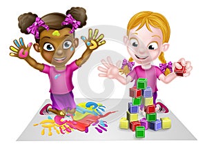 Cartoon Girls Playing with Paint and Blocks