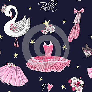 Cartoon girls seamless pattern with hand drawn ballet pointe shoes, tutu, crown, flowers and cute swan.