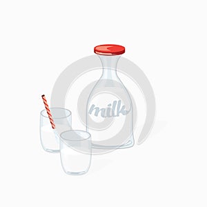 Cartoon glass bottle of milk and two glasses. Vector illustration. Milk with blue straw isolated on white background