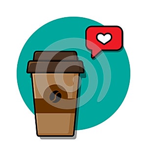 Cartoon glass of coffee and a message with a heart. Good idea, love message. Vector illustration.