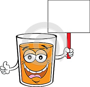 Cartoon glass of happy orange juice holding a sign.