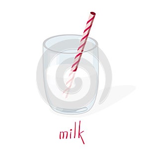 Cartoon glass of milk. Vector illustration. Milk with pink straw isolated on white background
