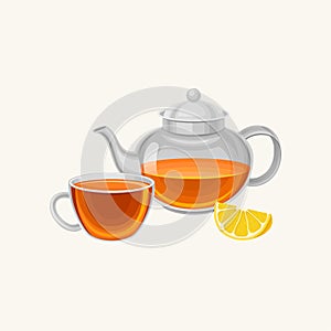 Cartoon glass teapot and cup with fresh brewed tea, slice of sweet lemon. Breakfast concept. Flat vector design for