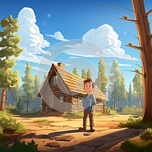 Cartoon Glen In Front Of Log Cabin: Detailed Skies And Realistic Character Design photo