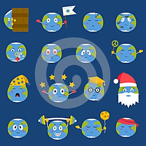 Cartoon globe emotion icons smile happy nature character expression vector illustration avatar