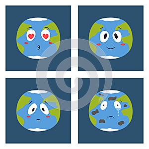 Cartoon globe emotion planet icons smile happy nature character expression illustration avatar