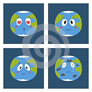 Cartoon globe emotion planet icons smile happy nature character expression vector illustration avatar