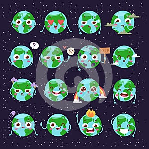Cartoon globe with emotion web icons green global smile happy nature character expression and ecology earth planet world