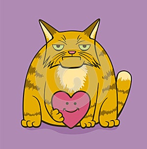 Cartoon gloomy cat with smiling heart