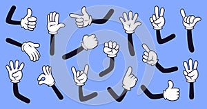 Cartoon gloved arms. Comic hands in gloves, retro doodle arms with different gestures vector isolated illustration icons