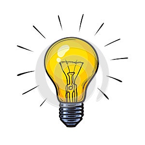 Cartoon glowing yellow light bulb