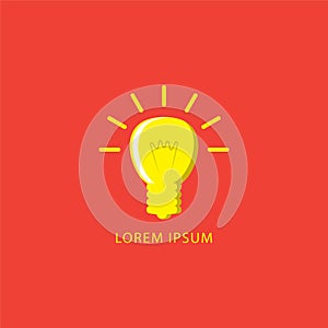 Cartoon glowing yellow light bulb vector illustration isolated on red orange color background. Idea, Ceative, Thinking,