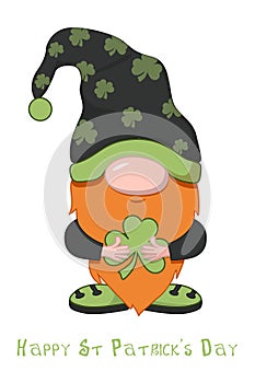 Cartoon gnome luck with clover for St. Patrick's Day.