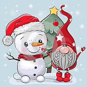 Cartoon Gnome and snowman near the Christmas tree photo