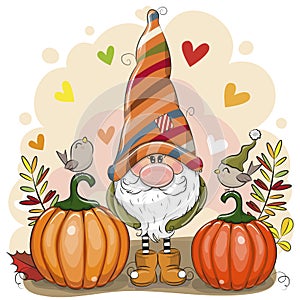 Cartoon Gnome with two pumpkins and birds