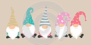 Cartoon gnomes vector icon set. Cute and funny characters for greeting card of christmas holiday. Gnome pajama party