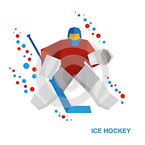 Cartoon goalkeeper with hockey-stick catches the puck