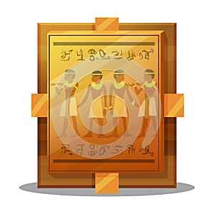 Cartoon golden achievement, Egyptian gold plate with mural isolated on white background.