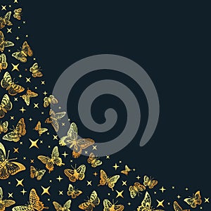 Cartoon golden butterflies silhouettes background, flying butterfly pattern. Gorgeous gold butterfly flock, exotic insects flat