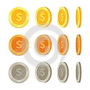 Cartoon golden coins in different positions, gold coin flip vector set