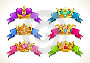 Cartoon golden crowns on the colorful ribbons.