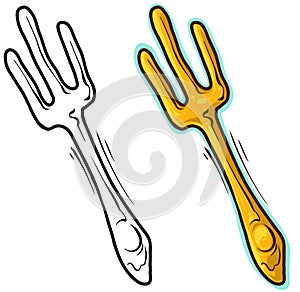 Cartoon golden fork or trident vector icon