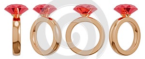 Cartoon golden wedding ring with a ruby. Engagement design elements set. 3D rendering.