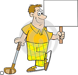 Cartoon golfer holding a sign while leaning on a golf club.