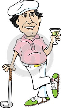 Cartoon golfer leaning on a golf club and holding a martini.