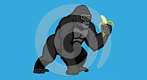 Cartoon gorilla with a muscular build stands upright against a blue background. photo