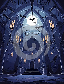 Cartoon gothic creepy room with bats in haunted castle. AI