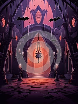 Cartoon gothic creepy room with bats in haunted castle. AI