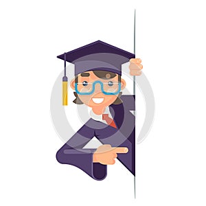 Cartoon graduate boy look out corner promotion pointing finger student male character design graduation cap scroll