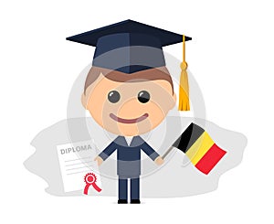 Cartoon graduate with graduation cap holding diploma and flag of Belgium