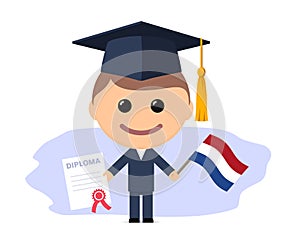 Cartoon graduate with graduation cap holding diploma and flag of the Netherlands