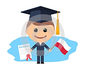 Cartoon graduate with graduation cap holding diploma and flag of Poland