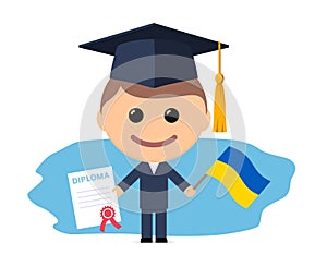 Cartoon graduate with graduation cap holding diploma and flag of Ukraine