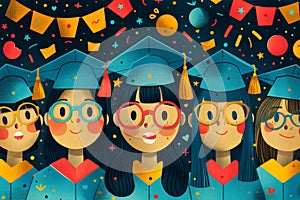 Cartoon graduates in caps with a festive confetti background. Graduation time in educational institutions. photo