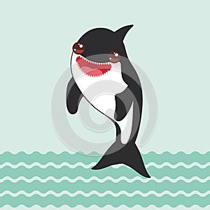 Cartoon grampus orca, killer whale, sea wolf Kawaii with pink cheeks and positive smiling on blue waves sea ocean background. Vect