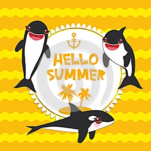 Cartoon grampus set. Hello Summer, orca, killer whale, sea wolf Kawaii with pink cheeks and positive smiling on yellow orange wave