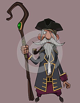 Cartoon grandfather with a smoking pipe in his mouth and a magic staff in his hand