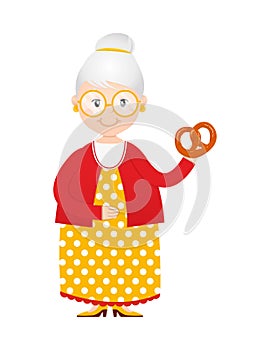 Cartoon grandma with cakes in hand