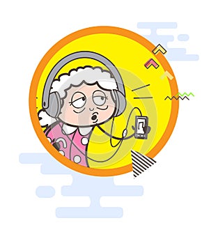 Cartoon Grandma Listening Song Vector Graphic