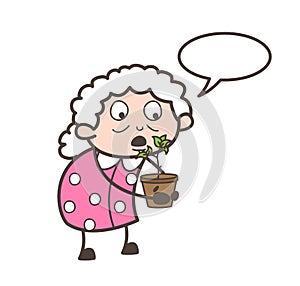 Cartoon Grandma Planting a Plant Vector Concept