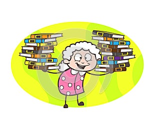Cartoon Grandma Presenting Flock of Books Vector Illustration